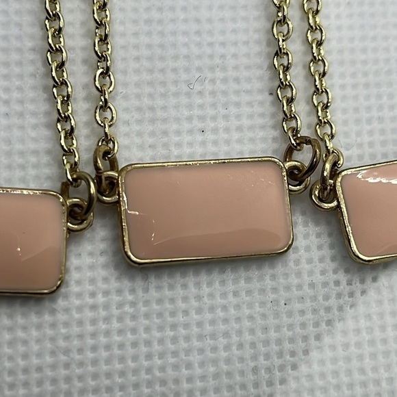 Jewelry - Bar Necklace Rectangle Enameled Baby Pink and Gold Pendent with Gold Tone Chain